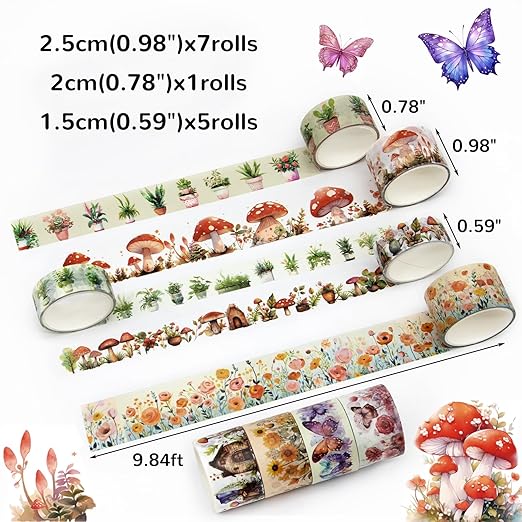 KOVANO Washi Tape Set 13 Rolls - Mushroom Butterfly Floral Decorative Tape, Colored Masking Tape for Scrapbooking Supplies, Bullet Journal Supplies, Junk Journal, DIY Crafts Art