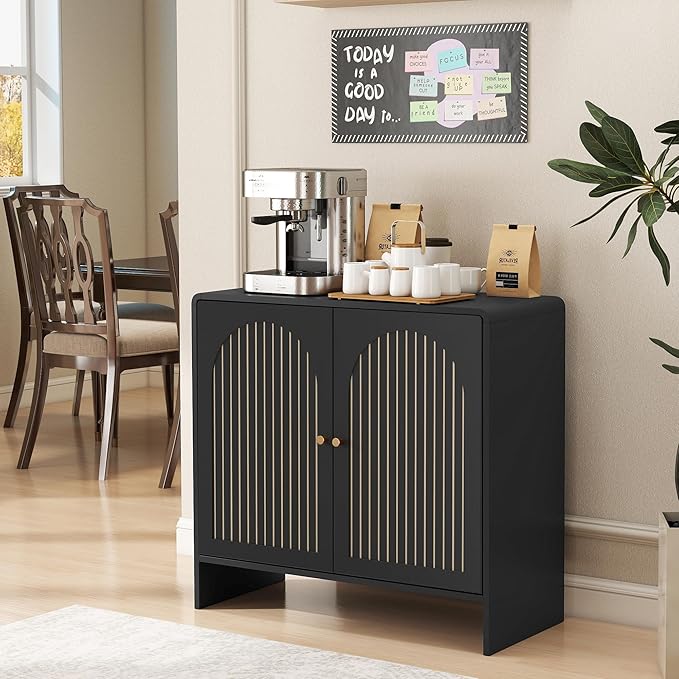 Black Sideboard Buffet Cabinet with Storage, Wood Arched Storage Cabinet with 2 Doors and Adjustable Shelf, Small Curved Entryway Accent Cabinet for Living Room Hallway Kitchen Dining Room