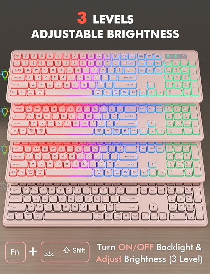 Wireless Keyboard and Mouse Combo, RGB Backlit, Rechargeable & Light Up Letters, Full-Size, Soft Typing, Sleep Mode, 2.4GHz Quiet Keyboard Set for Mac, Windows, Laptop, PC, Trueque (Pink)