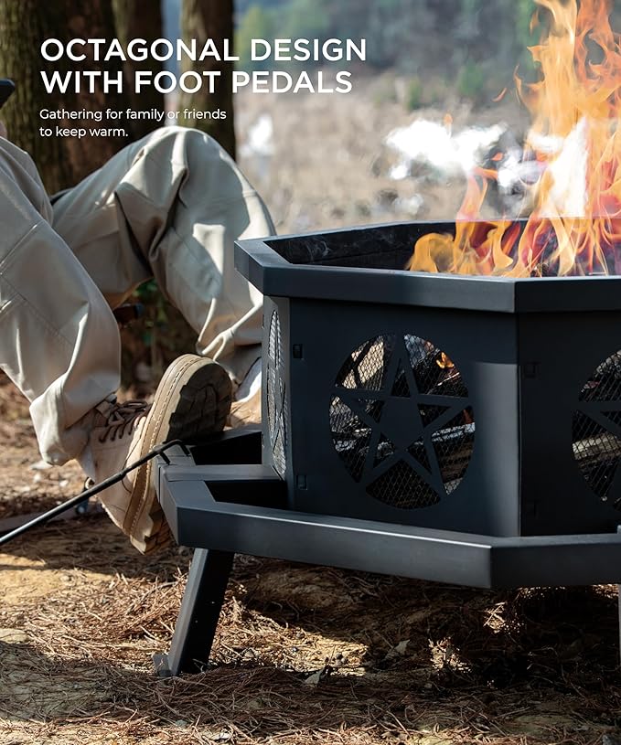 SUNOUTLY 35 inch Fire Pit, Outdoor Fire Pit Wood Burning Fire Pits with Cooking Grill, Large Firepits for Outside Octagonal Heavy Duty Firepit with Poker for Bonfire, Backyard, Patio, Picnic, Camping