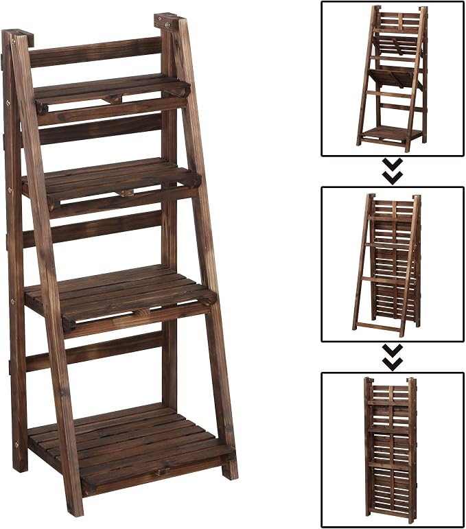 Topeakmart Wooden ladder Shelf Plant Shelf, Multiple Tired Shelf Sturdy and Foldable Storage Shelf Solid folding Wood for Garden/Balcony/Yard/Living Room Storage, No assemble, Brown