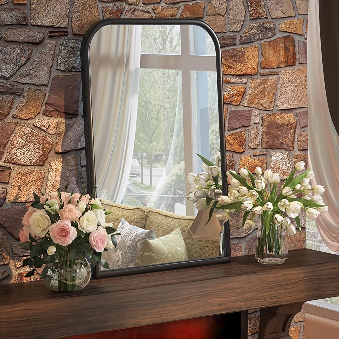 24"x36" Arch Wall Mirror Bathroom Mirror for Wall Mounted, Tempered Glass, Wood Grain Finish Frame Wall Mirror Decorative for Living Room Bedroom Entryway, Black