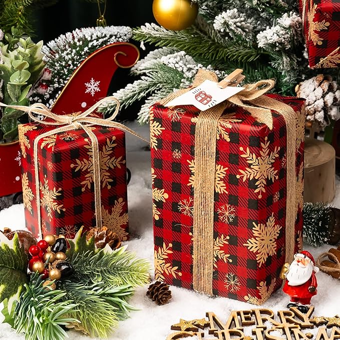 MAYPLUSS Kraft Christmas Wrapping Paper Roll - 17 Inch X 33 Feet - Recyclable Snowflake on Red Buffalo Plaid Kraft Birthday Winter Holiday Gift Wrap Sheet for Party DIY Craft Festive Decoration