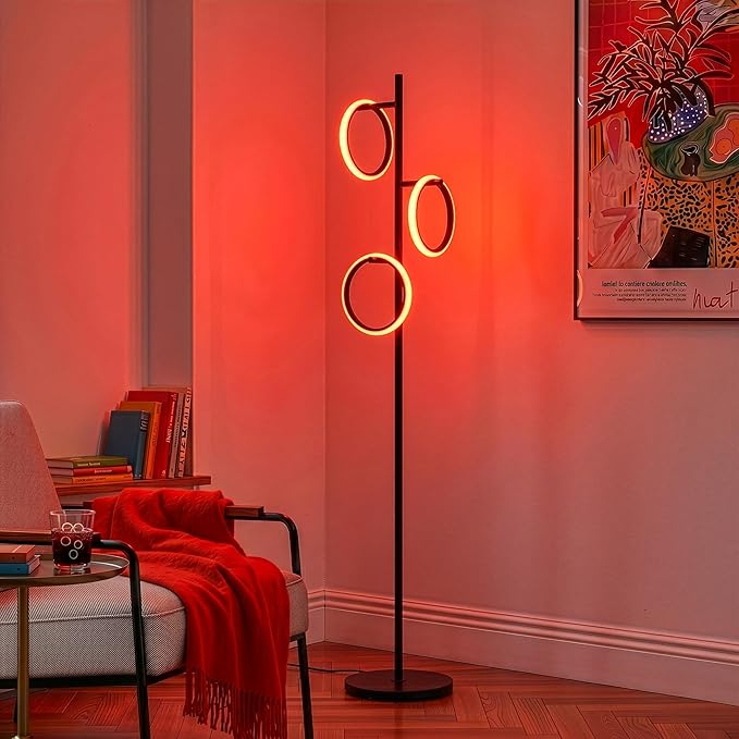 Brightech Saturn Modern Color Changing Floor Lamp - Tall Tree LED Lamp Perfect for Living Room Decor - Beautiful RGB Color Gradient and 3 LED Lights for Bedroom, Office, Reading - Black