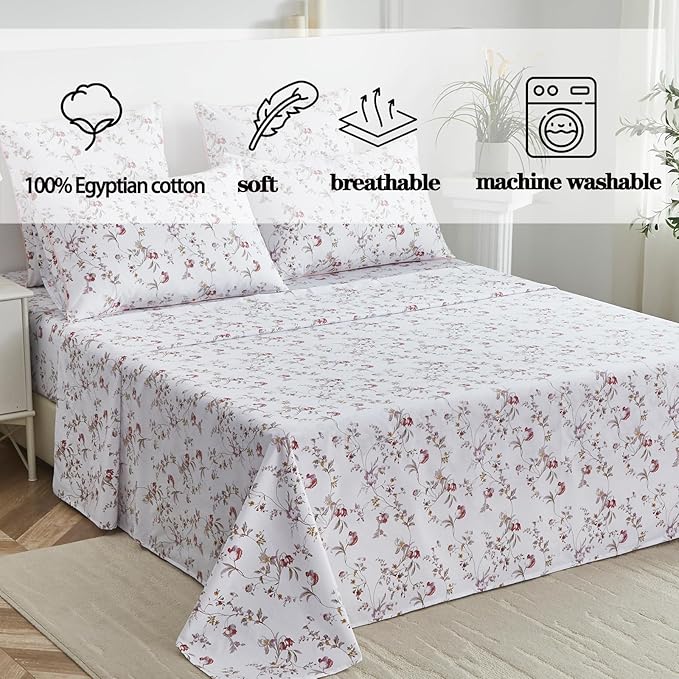 FADFAY Floral Sheets Set Twin XL Rustic Pink Floral College Bedding Ditsy Botanical Dorm Sheets Vintage Branches Bedding 100% Egyptian Cotton Sets with Deep Pocket Fitted Sheet 4Pcs, Twin XL Size