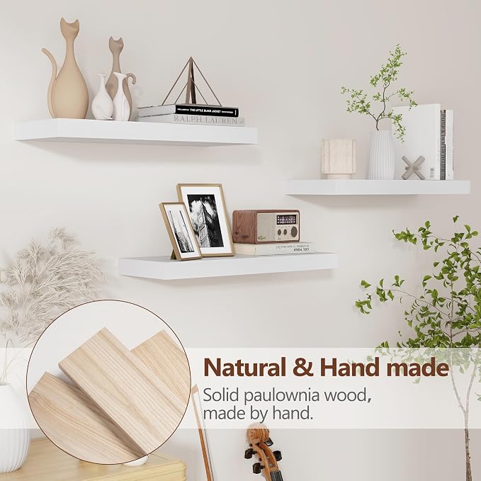 fuqing Floating Shelves for Wall - White Wood Wall Shelves Set of 3 - Modern Style Wooden Shelves for Room Decor & Storage