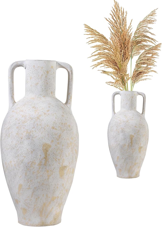 UPWOIGH 20.5in Tall Large Vintage Handles Ceramic Floor Vase, Antique White Pottery with Beige Speckles and Distressed Black Markings, Rustic Farmhouse Living Room or Bedroom Decor, Ideal Gift 1 Pack