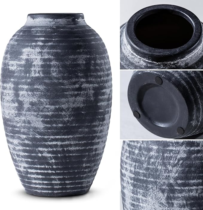Farmhouse Rustic Ceramic Vase, 10.6 inch Gray-White Textured Modern Weathered Pottery Terracotta Vintage Vases for Home Decor Enterway Coffee Table Mantel Shelf Decorative (Tall - B)
