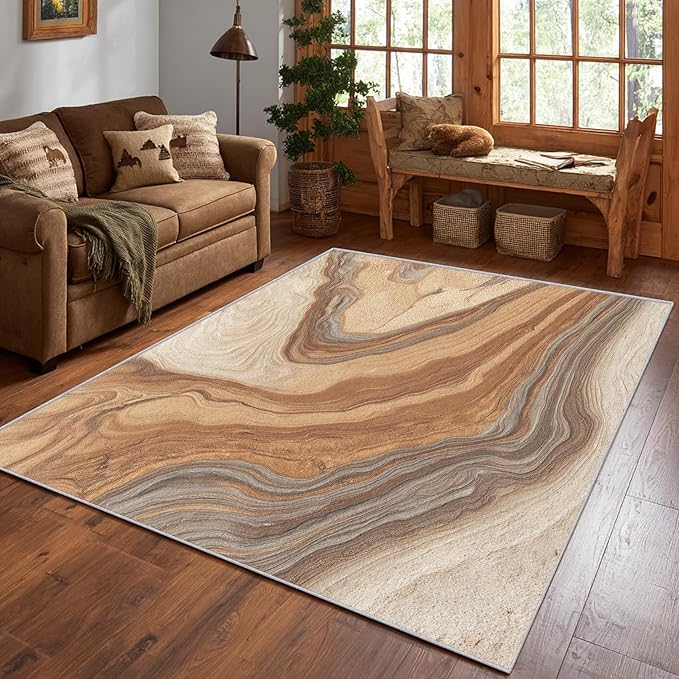 Beige Marble Streak Area Rug, Brown Gray Abstract Pattern Carpet, Washable Non Slip Low Pile Soft Thin, Living Room Bedroom Home Decor Mat 6x8ft