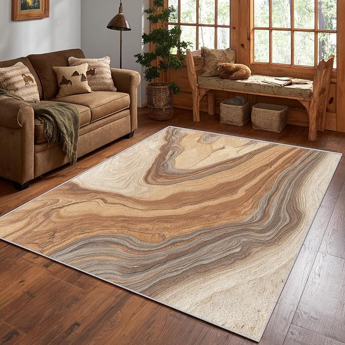Beige Marble Streak Area Rug, Brown Gray Abstract Pattern Carpet, Washable Non Slip Low Pile Soft Thin, Living Room Bedroom Home Decor Mat 4x6ft