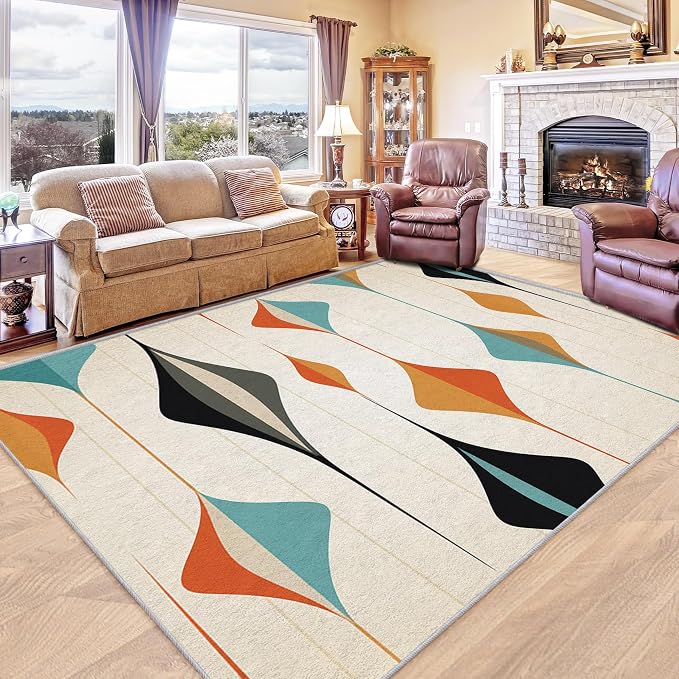 Mid Century Modern Rug 6x8, Washable Retro Geometric Rugs for Living Room Bedroom, Minimalist Area Rug for Home Decor, Non Slip Backing Floor Carpet with Gripper - 6 x 8 ft