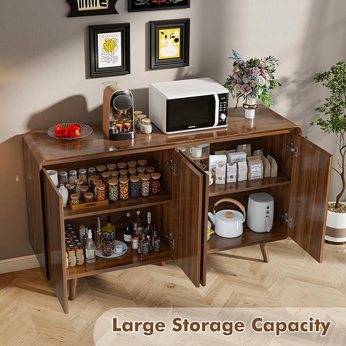 Nasonet Mid Century Modern Buffet Cabinet with Storage, 55 Inch Sideboard Credenza with Doors & Shelves Console Coffee Bar Table for Living Room, Kitchen, Dining Room and Hallway, Walnut