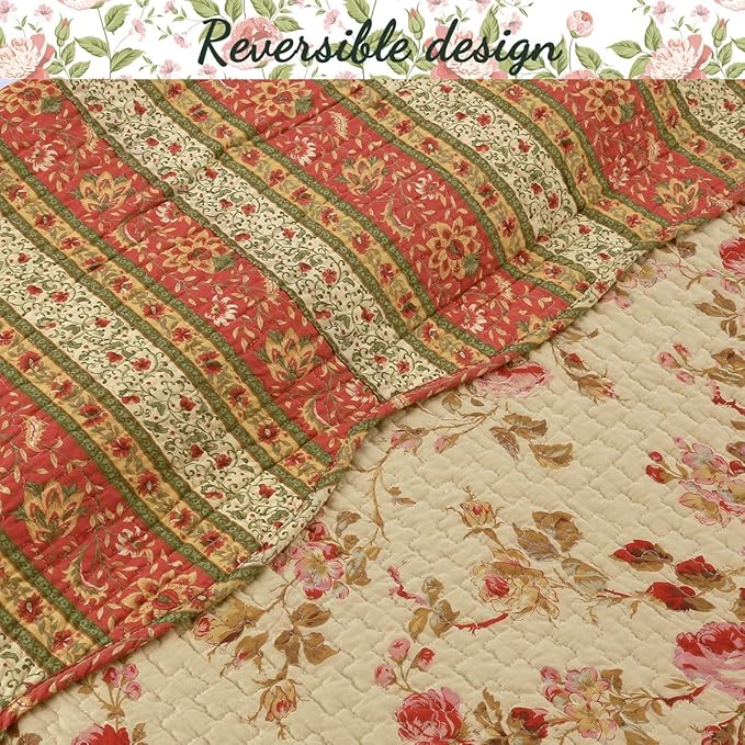 Cozy Line Home Fashions Rose Garden Vintage Floral Pink Khaki 100% Cotton Reversible Quilt Bedding Set, Coverlet Bedspread (Vintage Rose, Queen - 3 Piece)