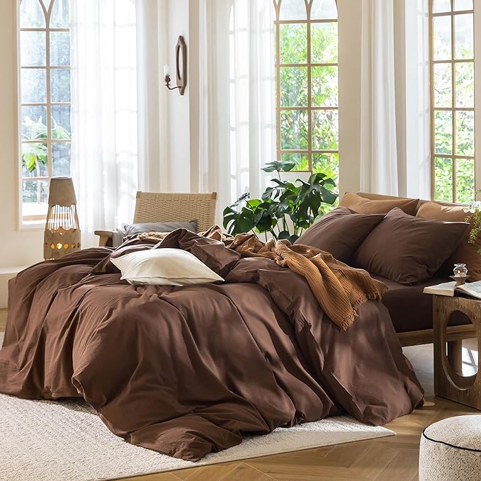 MooMee Bedding Duvet Cover Set 100% Washed Cotton Linen Like Textured Breathable Durable Soft Comfy (Solid Cocoa Brown, Cal King 104"x98")