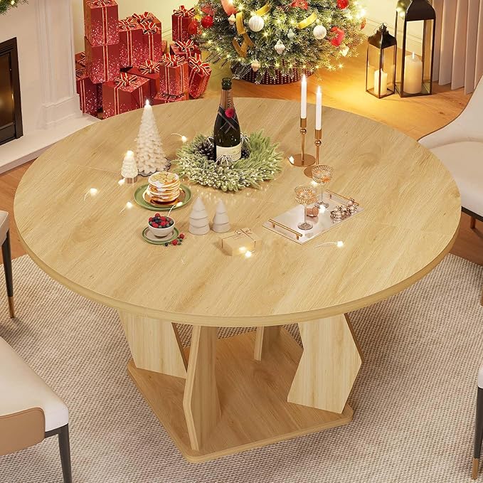IBF Round Dining Table for 4-6 People,47 Inches Dining Room Table with Wooden Pedestal Base,Circle Dining Room Table for Kitchen,Office,Apartment,Living Room,Oak