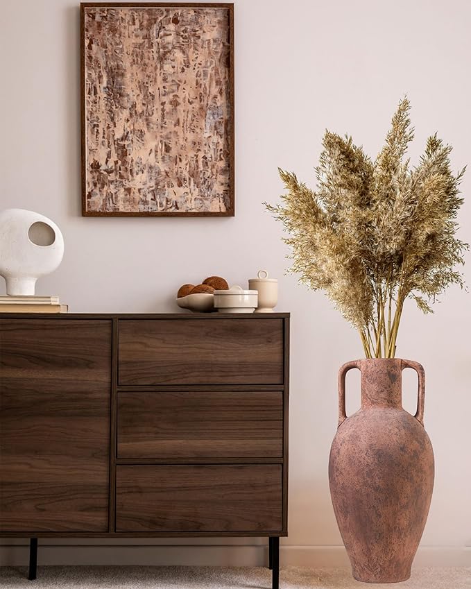 UPWOIGH 20.5in Tall Large Vintage Handles Ceramic Floor Vase, Antique Terracotta Pottery with Beige Speckles and Distressed Brown Markings, Rustic Farmhouse Living Room or Bedroom Decor, Gift 1 Pack