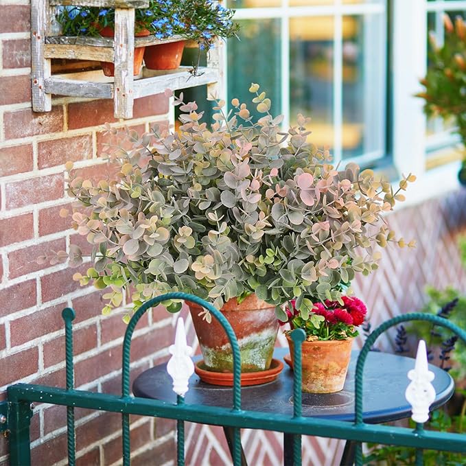 RECUTMS 12 Bundles Artificial Bushes Greenery Plants Stems Faux Shrubs Boxwood Plants Outdoor UV Resistant Fake Eucalyptus for Farmhouse Home Wedding Patio Backyard Indoor Outdoor Decor(Dusty Pink)