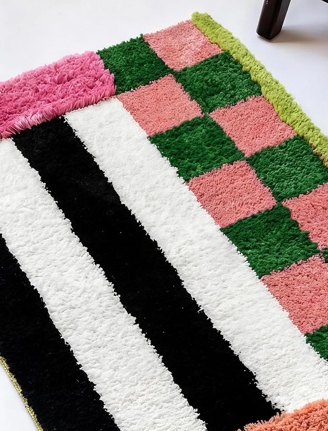Colorful Funky Checkered Vintage Eclectic Maximalist Unique Fun Bathroom Rugs, Colorful Retro Checkered Funky Bath Mat, Dopamine Bathroom Home Room Decor (19.6"X31.4")