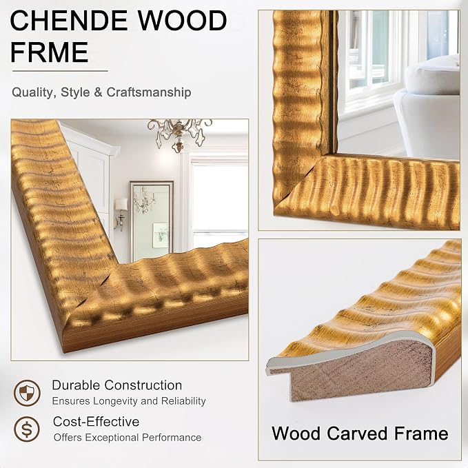 Chende 22" x 46" Decorative Wall Mirror for Dining Room Decor, Large Gold Mirror with 3D Wave Wood Carved Frame, Unique Rectangle Wall Decor, Hang Horizontally/Vertically
