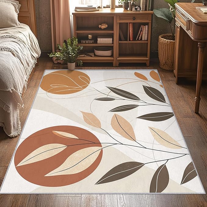 8x10 Abstract Leaves Rugs for Bedroom Decor, Washable Mid Century Modern Pattern Area Rug, Living Room Home Decoration, Non Slip Soft Thin, Modern Botanical Decor Large Carpet PF-P 117
