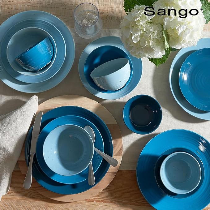 Sango Siterra Artist's Blend 16-Piece Stoneware Dinnerware Set – Service for 4, Ocean Blue Glossy Glaze with Unique Speckled Design, for Everyday Dining & Entertainment, Microwave & Dishwasher Safe