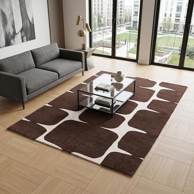 Restoration and Renovation Modern Wool Area Rug - Contemporary Abstract Geometric Design, Thick & Soft Hand-Tufted Carpet - Ideal for Indoor Decor in Living Room, Bedroom (Chocolate Brown, 9' x 12')