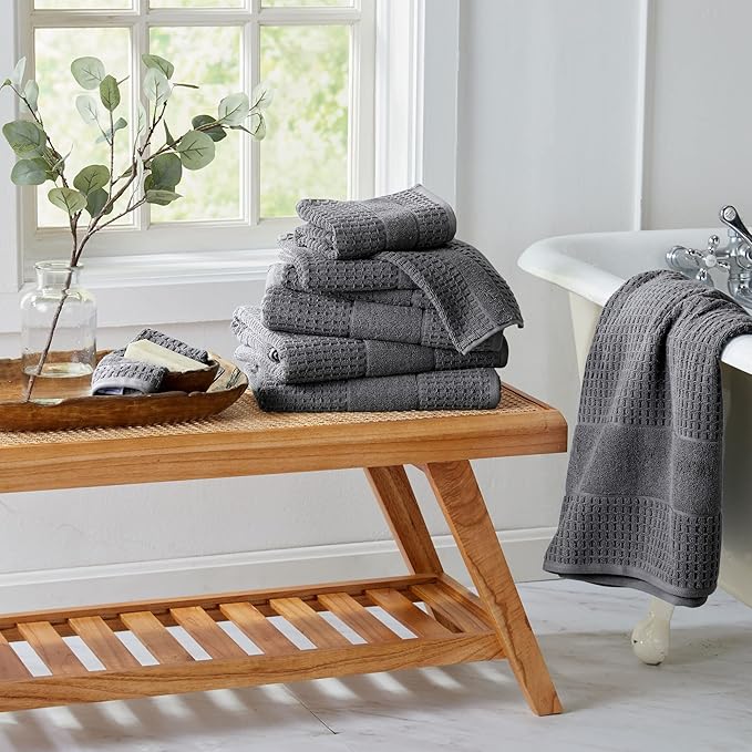 Market & Place 100% Cotton Super Soft Luxury Bath Towel Set | Quick-Dry and Highly Absorbent | Waffle Textured | 550 GSM | Includes 4 Bath Towels | Harper Collection (Dark Grey)