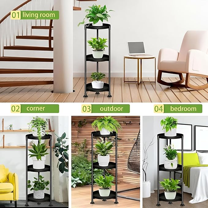 3 Tier Plant Stand Indoor Outdoor - 34'' Extra-Tall Metal Plant Stands for Potted Plants Multiple Tiered Plant Shelf Vertical Black Iron Planter Rack Large Flower Pot Holder Table for Patio Corner