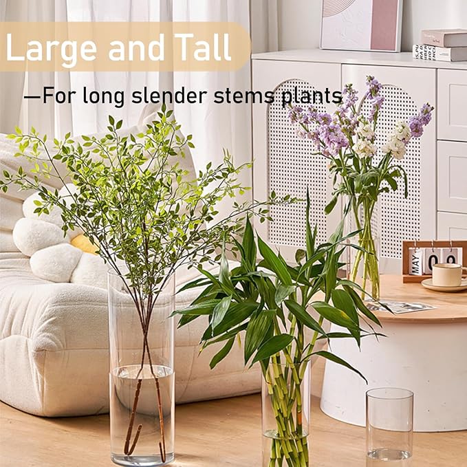 3 Large Acrylic Clear Cylinder Vase Set, 16" 12'' 8'' Tall Floor Large Flower Vase, Unbreakable Plastic Hurricane Vases, Different Size for Living Room, Desk, Wedding Centerpieces Flower Bouquet Décor