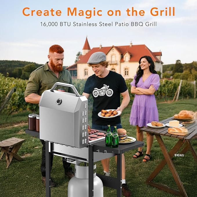 Electactic Propane Gas BBQ Grill 2-Burner Barbecue Grills with Cast Iron Frying Pan and Grates Combo, 16000 BTU Output Stainless Steel Grill for Outdoor Cooking, Patio, Backyard Party