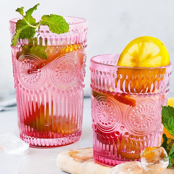 Loivttvv 12pcs Vintage Drinking Glasses Set, 12 oz Highball Glasses & 9 oz Embossed Ribbed Glassware Cups for Cocktail, Water, Juice, Coffee, Whiskey (Pink)