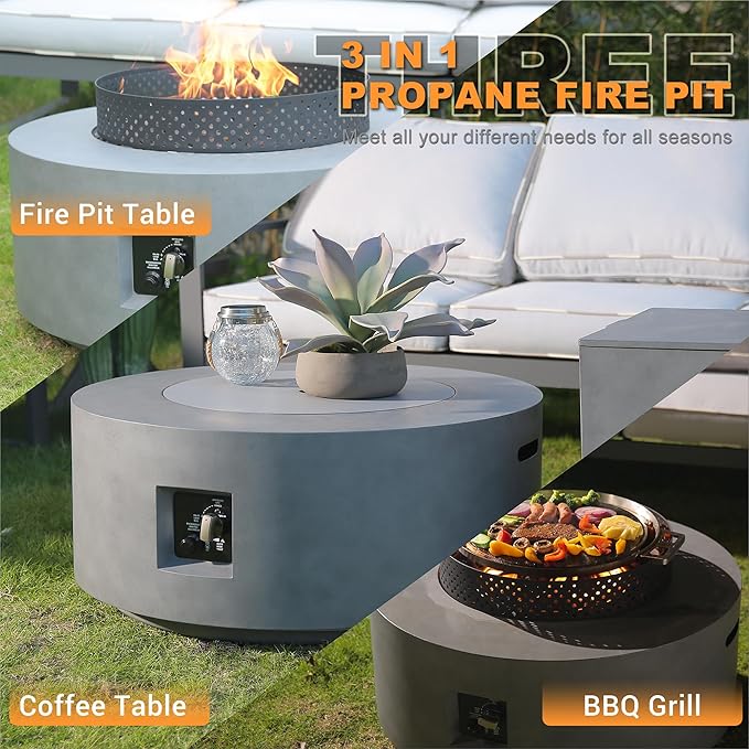 Fire Pit Table with Natural Gas Conversion Kit, 32 Inch 4-Piece Outdoor Propane Fire Pit Table 65,000 BTU Round Gas Firepit, Wind Guard, Tank Cover and BBQ Grill for Garden, Patio, Grey