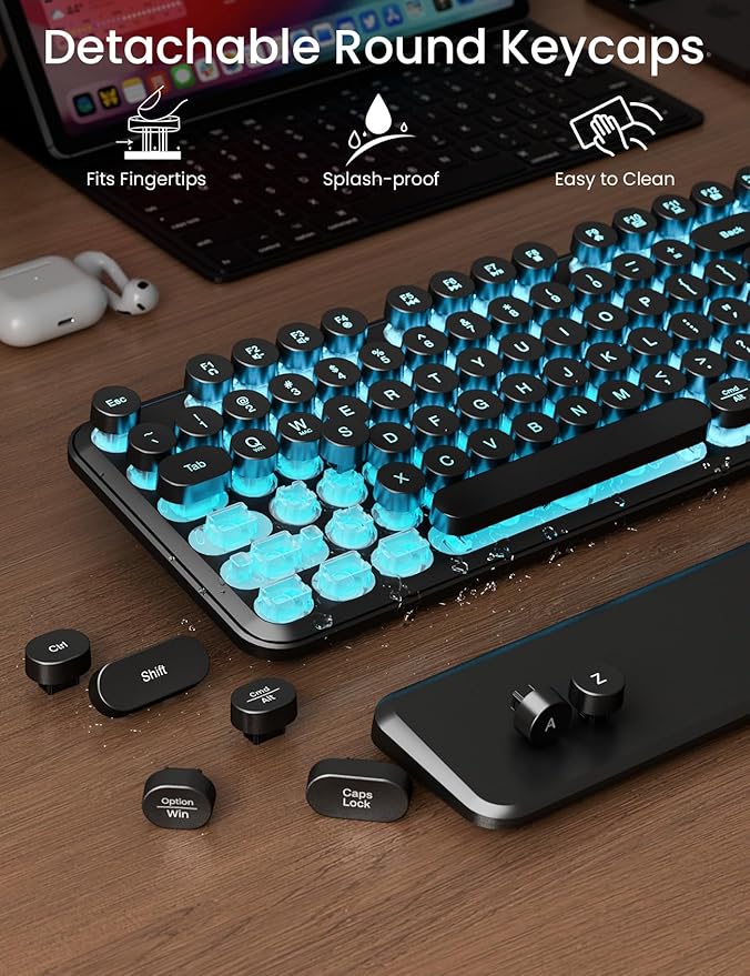 Wireless Keyboard and Mouse Backlit - Typewriter Keyboard with Magnetic Wrist Rest, Retro Round Keycaps, Light Up Letters, 2.4GHz Cordless Combo for Mac, Windows, PC, Laptop, Trueque [Upgraded]