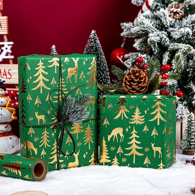 Yarcony Christmas Wrapping Paper Roll, Green Gift Wrapping Paper, Recycled Festive Gold Foil Reindeer, Winter Tree Theme Thick Kraft Christmas Gift Wrap for Winter Celebration (17 Inch X 33 Feet)