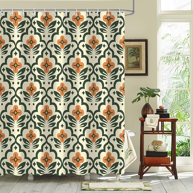 Vintage Boho Floral Shower Curtain，Mid Century Modern Abstract Orange Green Bathroom Curtain，Polyester Fabric Waterproof Bath Curtains 72x72 Inch with 12 Hooks