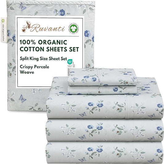 RUVANTI 100% Organic Cotton Sheets Split King, Percale Weave, GOTS Certified, 5-Piece Set, Deep Pocket 15", Crisp & Breathable, Soft Durable Bedding, Sábanas Algodón Orgánico – Butter Flight
