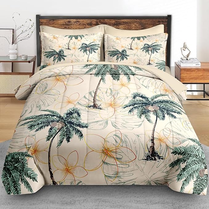 Comforter Set Twin Size, Tropical Botanical Palm Summer 5 Pcs Bedding for Kids and Adults, Hawaiian Coconut Tree Bed Sheet Sets with Fitted Sheet Pillowcase & Sham for Bedroom Bed Decor