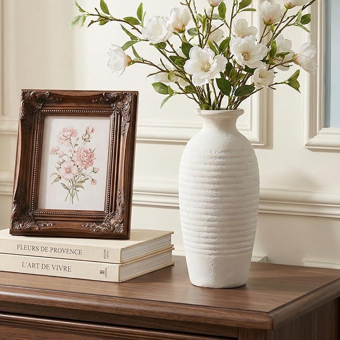 Rustic Ceramic Threaded White Vase, 14.4" H Tall Vases for Centerpieces,Handmade Large Decorative Vase for Living Room Decor,Vintage Farmhouse Pottery Flower Vase for Entryway Fireplace|Off-White
