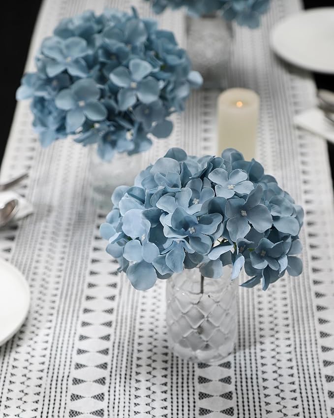 DuHouse Silk Hydrangea Artificial Flower Heads with Stems Fake Hydrangeas Flowers for DIY Wedding Centerpiece Home Decor,Pack of 6 (Dusty Blue)