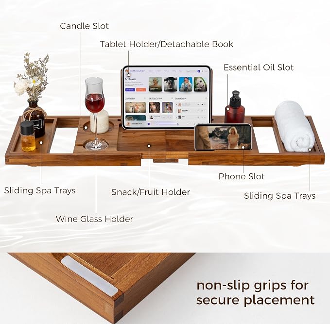 Teak Bathtub Tray for Tub, Expandable Bath Tray 28–40in, Foldable Bathtub Caddy with Wine Glass Holder, Phone & Book Stand, Wooden Bath Tray Organizer, Luxury Bathroom Accessories Gift - Light Walnut