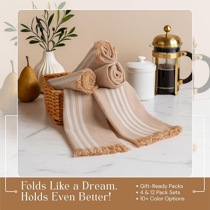 Prewashed Stripe Kitchen Towels 4 Pack, 16x26 Inches, 100% Cotton, Dish Towels for Kitchen Drying, Reusable Tea Towels, Absorbent Wash Cloths, Quick Dry and Machine Washable - Beige