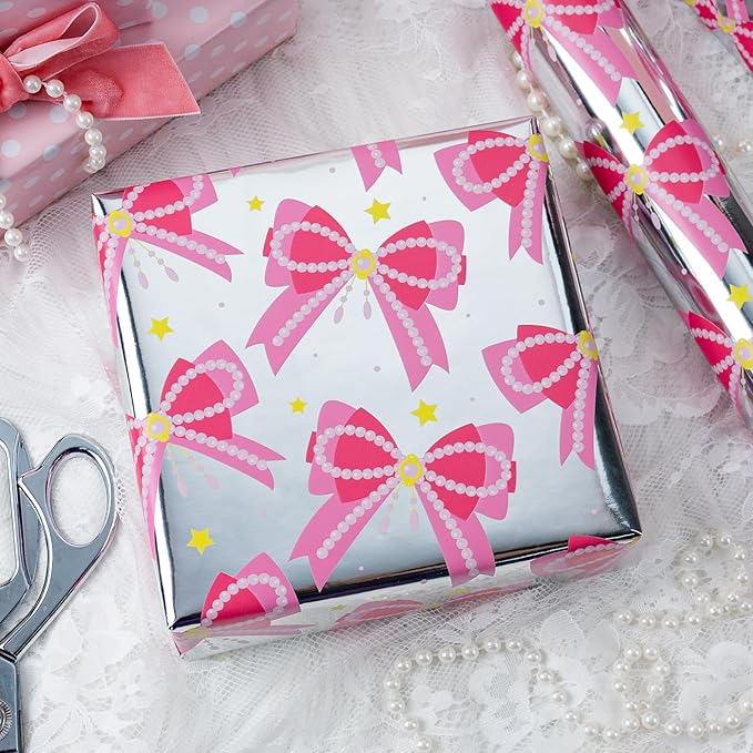 Homeral Pink Bow Wrapping Paper Roll - Mini Roll - 17 Inch x 33 Feet - Pink Ribbon Pearl Bow Perfect for wrapping paper for girls Valentine's Day, Girls Birthday, Bachelorette Party, Baby Shower.