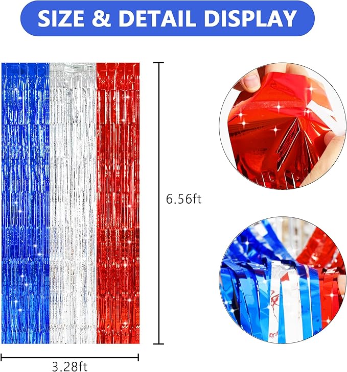TONIFUL Red White and Blue Tinsel Foil Fringe Curtains,4th of July Decorations Independence Day Photo Booth Backdrop,Metallic Door Streamers for Patriotic Party Memorial Day Labor Day Supplies