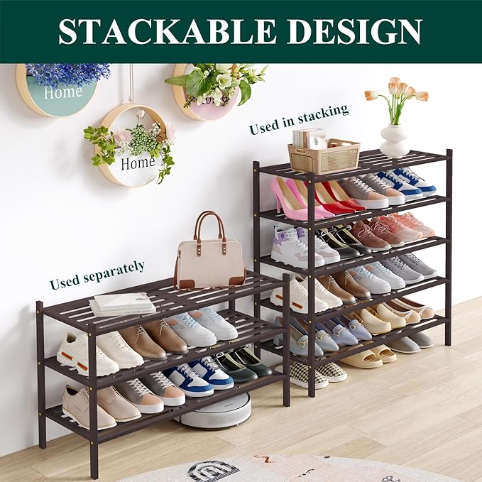 Smiry Long Bamboo Shoe Rack 5-Tier, Stackable Wooden Shoe Organizer for Entryway & Closet, Free Standing Wood Shoe Storage Shelf for Front Door & Small Spaces, Brown