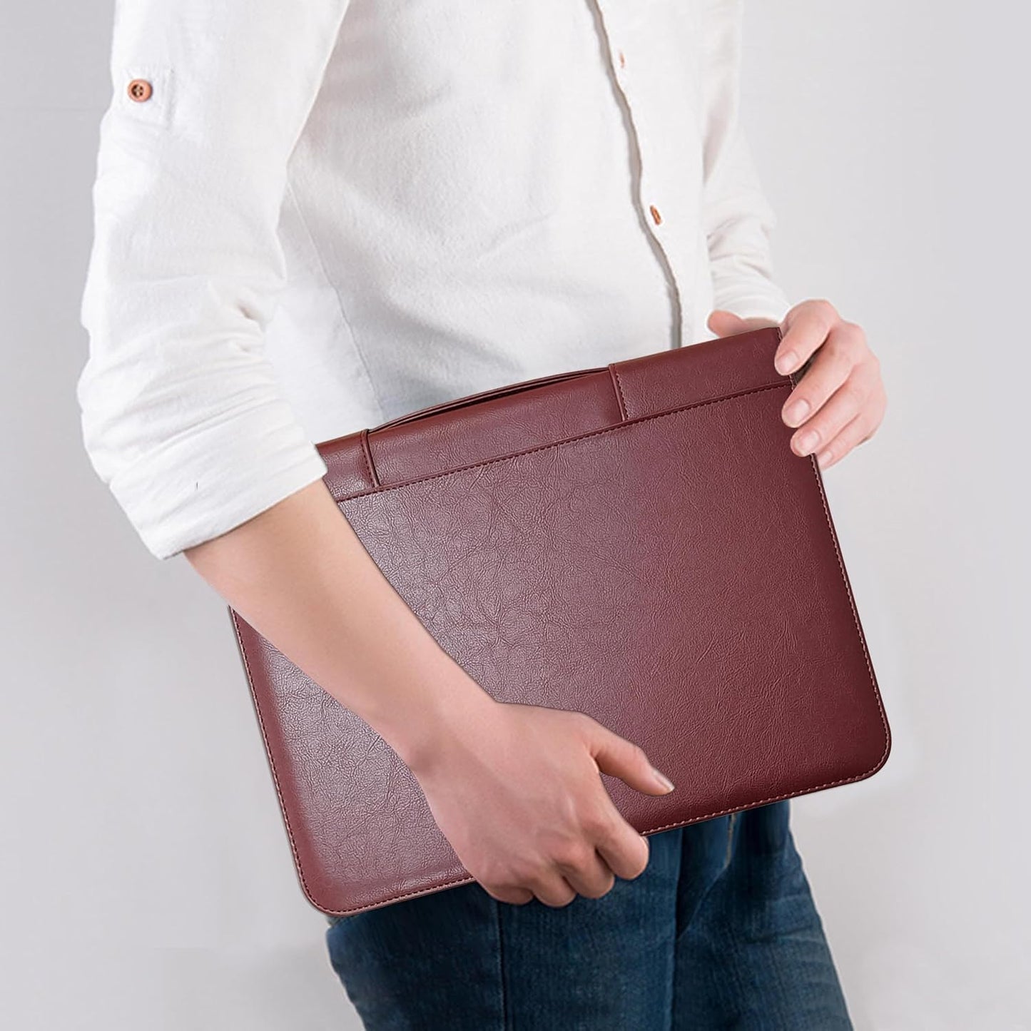 Skiennix Faux Leather Portfolio Binder - Stylish Business Padfolio with Handle & Zippered Organizer (Brown)