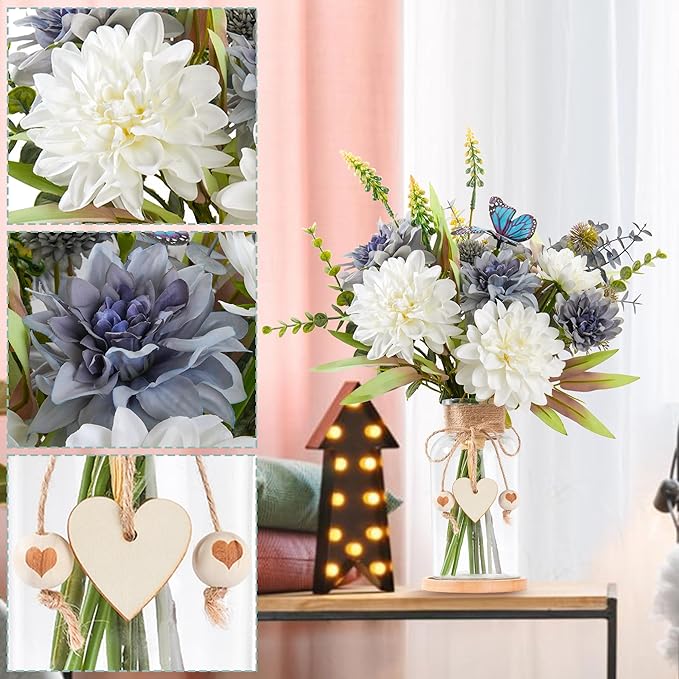 Fake Flowers in Vase 15.5"Centerpiece Table Decorations Silk Blue Flowers Arrangements Decor With Glass Vase Dahlia Artificial Flowers Chrysanthemum Faux Stems Butterfly Decorations (Clear)
