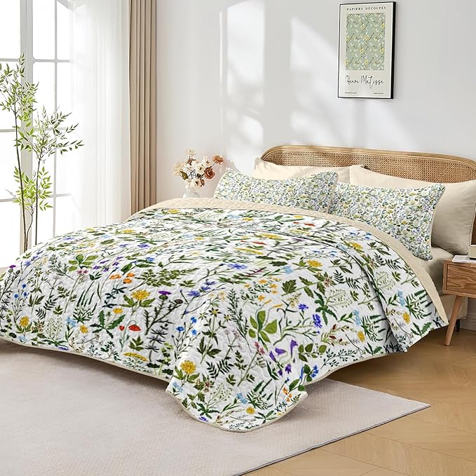Quilt Set Twin Size, Garden Floral 2 Pcs Soft Bed Cover Bedding Set, Country Rustic Farmhouse Lightweight Bedspread Coverlet with Pillow Sham for All Season