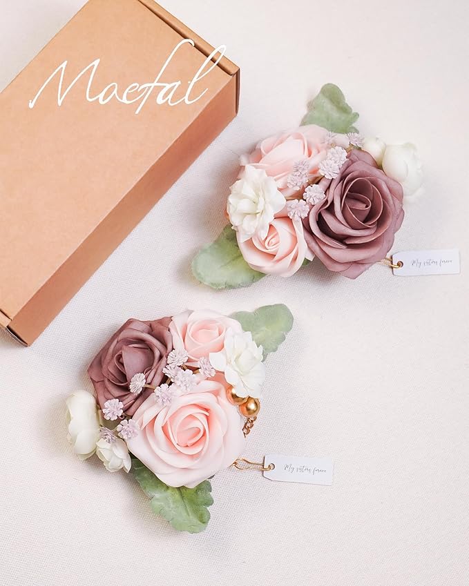 2 Pcs Artificial Flower Wrist Corsage Set, Elastic Wristlet for Prom Wedding Bridesmaid Homecoming Party Anniversary Decoration (Dusty Rose)