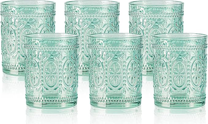 Darlion 6 Pack Green Vintage Glassware Set, 10oz Textured Embossed Drinking Glasses, Colored Water Glasses, Green Glass Cups for Juice, Cocktails, Beer, Iced Tea, Soda