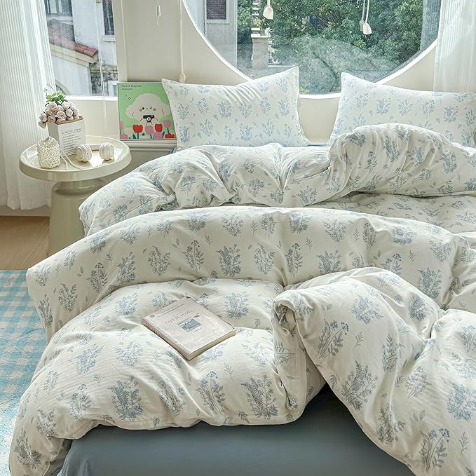 LifeTB Muslin Duvet Cover Set King Vintage Botanical Floral Duvet Cover 100% Cotton Linen Feel Flower Bedding Set Super Soft Gauze Comforter Cover Breathable Lightweight Cottagecore Bedding Set